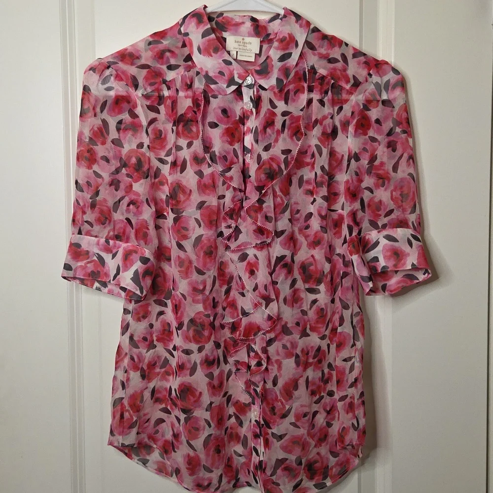 Kate Spade Roses Ruffle Silk Top In Size 2. - Picture 3 of 16